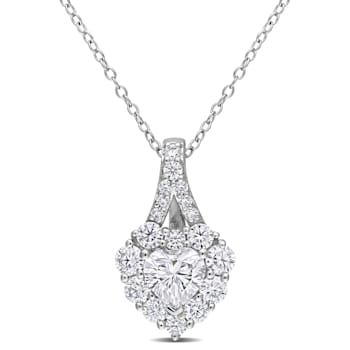 2 CT DEW Created Moissanite Halo Heart Pendant with Chain in Sterling Silver