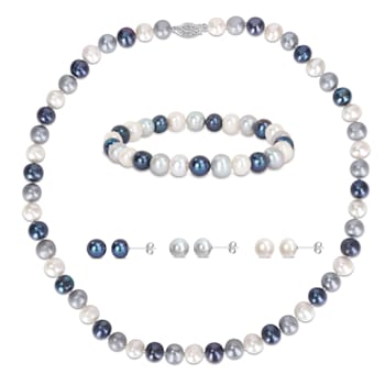 7.5-8MM Multi-Color Freshwater Cultured Pearl Necklace, Earrings &
Bracelet Set in Sterling Silver
