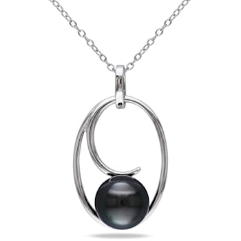 9.5-10MM Black Tahitian Cultured Pearl Geometric Pendant with Chain in
Sterling Silver