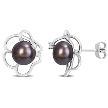 7.5-8MM Black Freshwater Cultured Pearl and White Topaz Floral Stud
Earrings in Sterling Silver