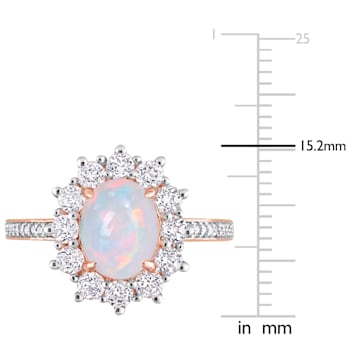 2 1/6 CT TGW Blue Ethiopian Opal, White Topaz and Diamond Accent Ring in
Rose Plated Sterling Silver