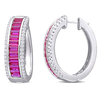 5 1/8 CT TGW Baguette Created Ruby Created White Sapphire Hoop Earrings
in Sterling Silver