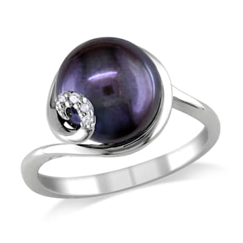 9-9.5MM Black Freshwater Cultured Pearl Ring with Diamonds in Sterling Silver