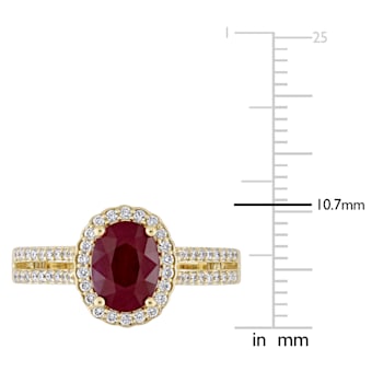 1 3/8 CT TGW Ruby and 1/3 CT TW Diamond Floral Halo Double Row Ring in
14K Yellow Gold