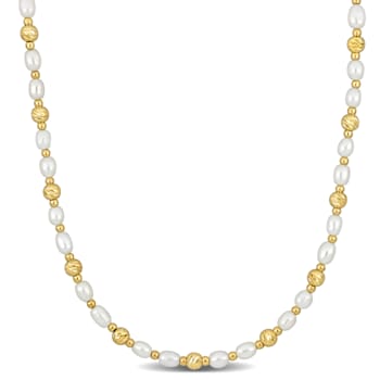 3.5-4MM Freshwater Cultured Pearl and Ball Bead Necklace in 14K Yellow
Gold Over Sterling Silver