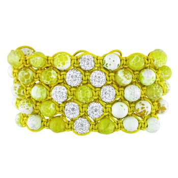 Shambhala Cuff Bracelet on Yellow Cotton Cord with Yellow Agate and
White Cubic Zirconia Beads