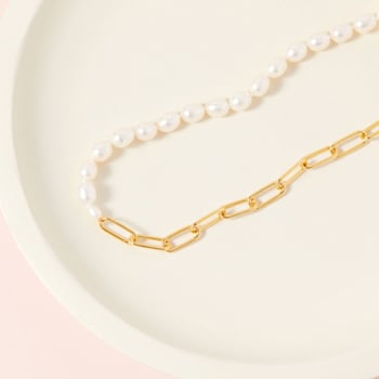 4.5-7.5 MM Freshwater Cultured Pearl Link Chain Necklace in 18K Yellow
Gold Over Sterling Silver