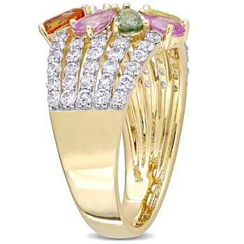 2 7/8 CT TGW Multi-Color Sapphire Floral Ring in 14K Yellow Gold