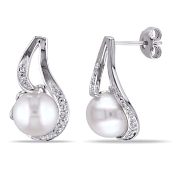 9-9.5 MM White Freshwater Cultured Pearl Earrings with Diamond Accent in
Sterling  Silver