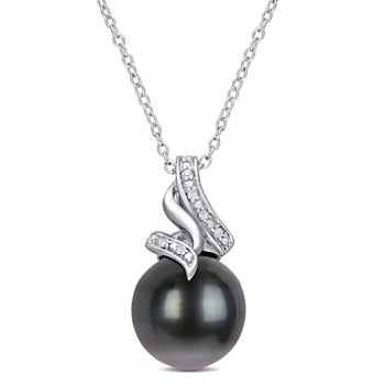 9-9.5MM Black Tahitian Cultured Pearl and Diamond Twist Pendant with
Chain in Sterling Silver