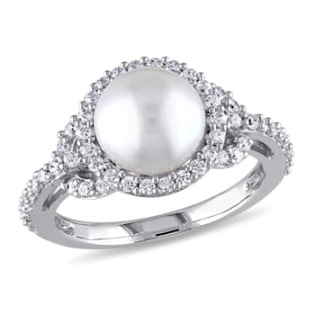 8.5-9MM Freshwater Cultured Pearl and Cubic Zirconia Halo Ring in
Sterling Silver