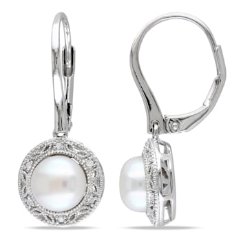 7.5-8 MM Freshwater Cultured Pearl and Diamond Accent Halo Drop Earrings
in Sterling Silver