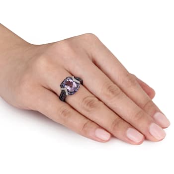 3 1/3 CT TGW Amethyst and  1/10 CT TW Diamond Halo Ring in Sterling
Silver with Black Rhodium
