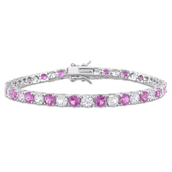 14 1/4 CT TGW Created Pink and White Sapphire Bracelet in Sterling Silver