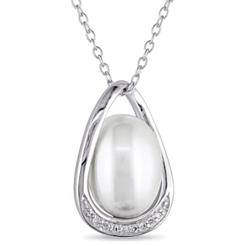 9.5-10MM Freshwater Cultured Pearl and Diamond Accent Teardrop Pendant
with Chain in Sterling Silver