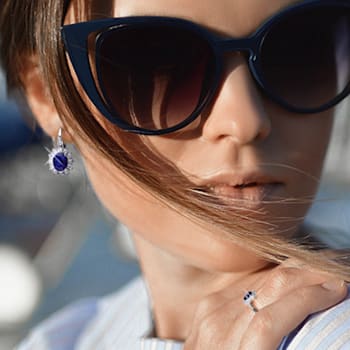 8.00ctw Created Blue and White Sapphire with Diamond Accent Floral Halo
Earrings in Sterling Silver