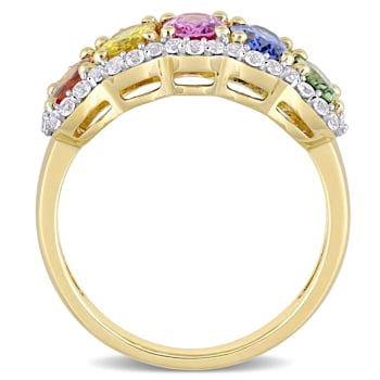 3 1/3 CT TGW Multi-Color Sapphire 5-Stone Halo Ring in 14K Yellow Gold