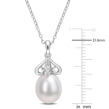 8.5-9MM Freshwater Cultured Pearl and Diamond Accent Drop Pendant with
Chain in Sterling Silver