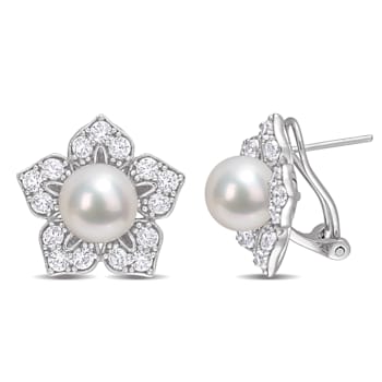 8.5-9MM Freshwater Cultured Pearl and Created White Sapphire Earrings in
Sterling Silver