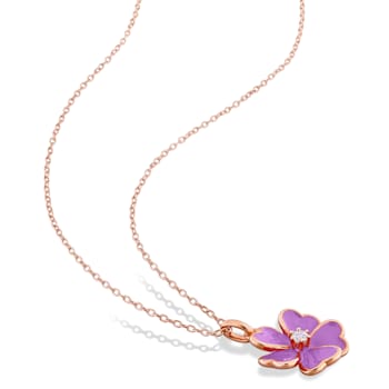 1/10 CT TGW White Topaz with Purple Enamel Flower Pendant with Chain in
Rose Plated Sterling Silver