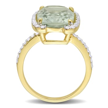 6 7/8 CT TGW Green Quartz and White Topaz Semi Halo Ring in Yellow
Plated Sterling Silver