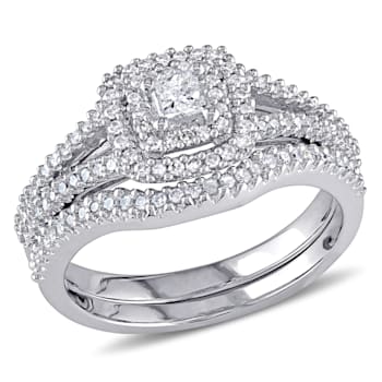1/2 CT TW Princess Cut Diamond Double Halo Split Shank Bridal Set in
Sterling Silver