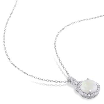 2-Pcs Set of 5 1/4 CT TGW Opal and Topaz Halo Charm Earrings and Pendant
in Sterling Silver