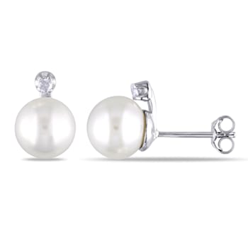 8-8.5MM White Cultured Freshwater Pearl and Diamond Stud Earrings in
Sterling Silver