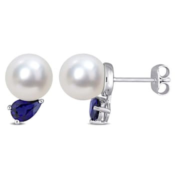 8-9MM South Sea Cultured Pearl and 1 1/3 CT TGW Created Blue Sapphire
Earrings in Sterling Silver