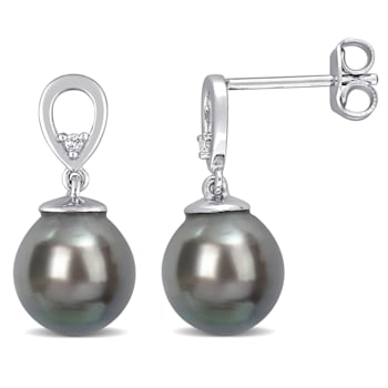8-9MM Black Tahitian Cultured Pearl and White Topaz Drop Earrings in
Sterling Silver