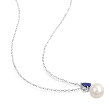 8.5-9MM Freshwater Cultured Pearl and 5/8 CT TGW Created Blue Sapphire
Pendant in Sterling Silver