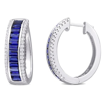 5 1/8 CT TGW Baguette Created Blue Sapphire Created White Sapphire Hoop
Earrings in Sterling Silver