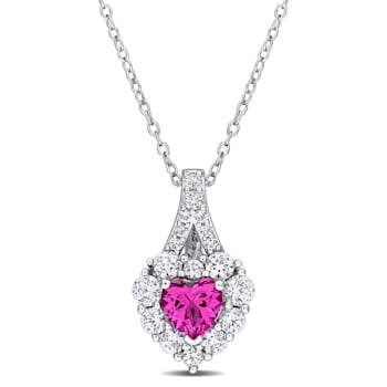 2 7/8 CT TGW Created Pink and White Sapphire Halo Heart Pendant With
Chain in Sterling Silver