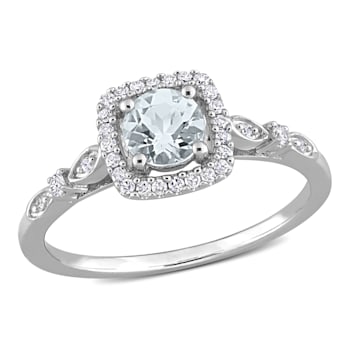3/8 CT TGW Aquamarine and 1/7 CT TW Diamond Halo Ring in Sterling Silver