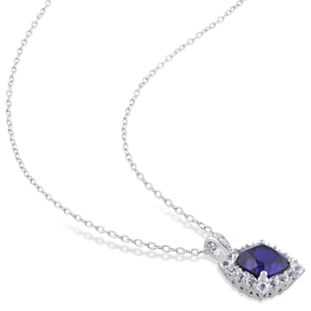 3 3/5 CT TGW Created Blue, White Sapphire with Diamond Accent Pendant
with Chain in Sterling Silver