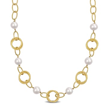 9-10 MM Freshwater Cultured Pearl Link Chain Necklace in 18K Yellow Gold
Over Sterling Silver