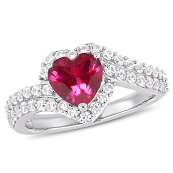 2 1/2 CT TGW Created Ruby and Created white Sapphire Halo Engagement
Ring in Sterling Silver