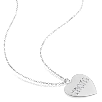 1/10 CT TDW Diamond 'Mom' Engraved Heart Pendant with Chain in Sterling Silver