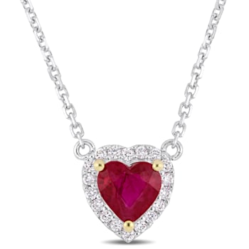 3/5 CT TGW Ruby and Diamond Accent Halo Necklace in 14K 2-Tone Gold
