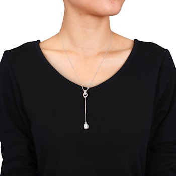 8-8.5 MM Freshwater Cultured Pearl and White Topaz Drop Pendant with
Chain in Sterling Silver
