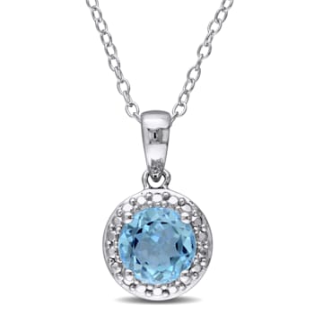 1 3/5 CT TGW Sky Blue Topaz Halo Pendant with Chain in Sterling Silver