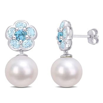 11-12MM Cultured Pearl and 3 1/10 CT TGW London and Sky Blue Topaz
Earrings in Sterling Silver
