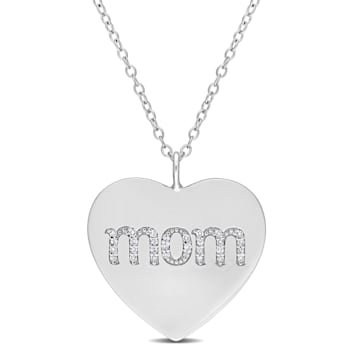 1/10 CT TDW Diamond 'Mom' Engraved Heart Pendant with Chain in Sterling Silver