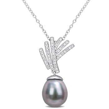 9.5-10MM Black Tahitian Cultured Pearl and Diamond Accent Pendant with
Chain in Sterling Silver