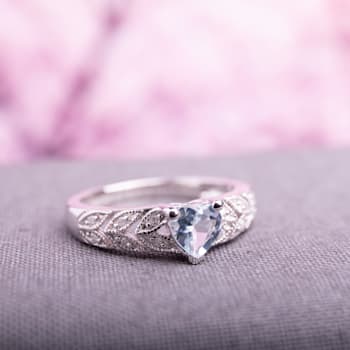 1/3 CT TGW Aquamarine and Diamond Accent Vintage Heart Ring in Sterling Silver