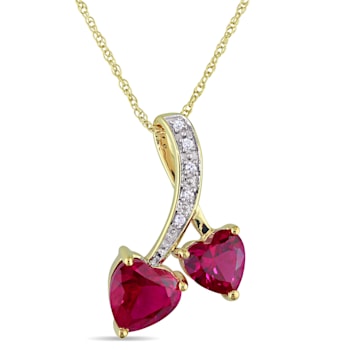 2 5/8 CT TGW Create Ruby and Diaomond Accent Double Heart Pendant with
Chain in 10K Yellow Gold
