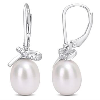 7.5-8 MM Freshwater Cultured Pearl and Diamond Accent Earrings in
Sterling Silver