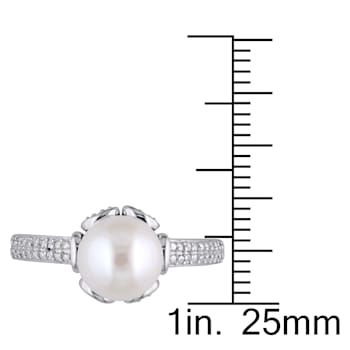 8-8.5MM Freshwater Cultured Pearl Ring with Diamonds in Sterling Silver