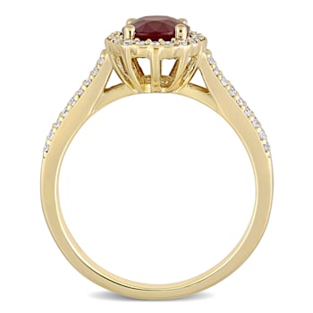 1 3/8 CT TGW Ruby and 1/3 CT TW Diamond Floral Halo Double Row Ring in
14K Yellow Gold
