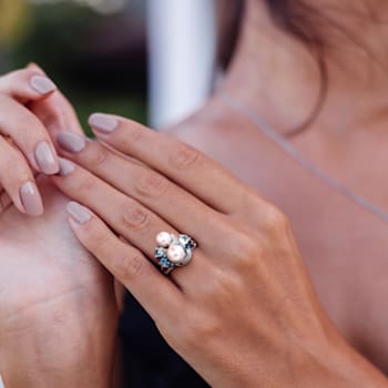 6.5-8MM Freshwater Cultured Pearl and Multi Gem Cluster Ring in Sterling Silver
